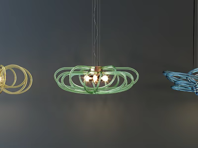 Colorful Yellow Green Blue Chandeliers with Circular Ring Design and Illuminated Bulbs 3d model