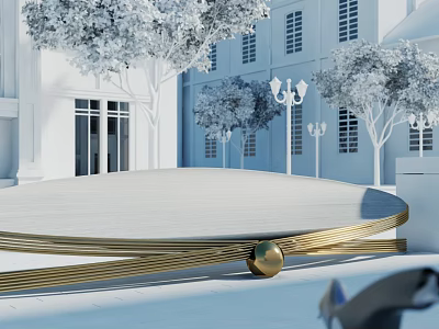 Modern Outdoor Chair With Gold Metal Frame Gray Cushion White Buildings Trees And Street Lamps 3d model