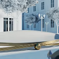 Modern Outdoor Chair With Gold Metal Frame Gray Cushion White Buildings Trees And Street Lamps