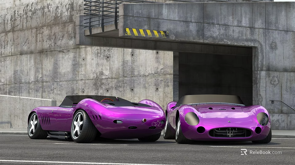 Two Purple Convertible Sports Cars Parked At Concrete Garage Entrance With Yellow Stripes 3d model 