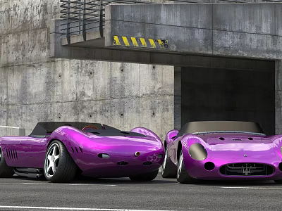 Two Purple Convertible Sports Cars Parked At Concrete Garage Entrance With Yellow Stripes 3d model