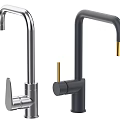 Two Modern Stylish Silver And Black Faucets Featuring Gold Accents