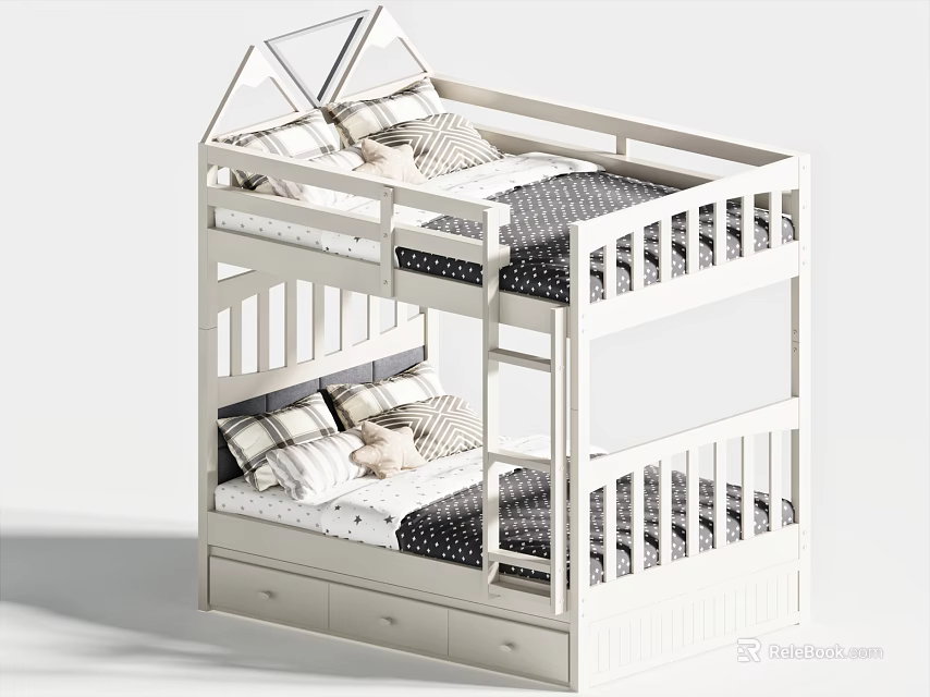 White Wooden Bunk Bed with Ladder and Drawers for Kids Room with Patterned Pillows 3d model 