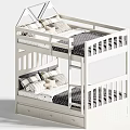 White Wooden Bunk Bed with Ladder and Drawers for Kids Room with Patterned Pillows