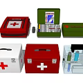 Different Colored First Aid Boxes With Red Cross Symbol And Medical Supplies Inside