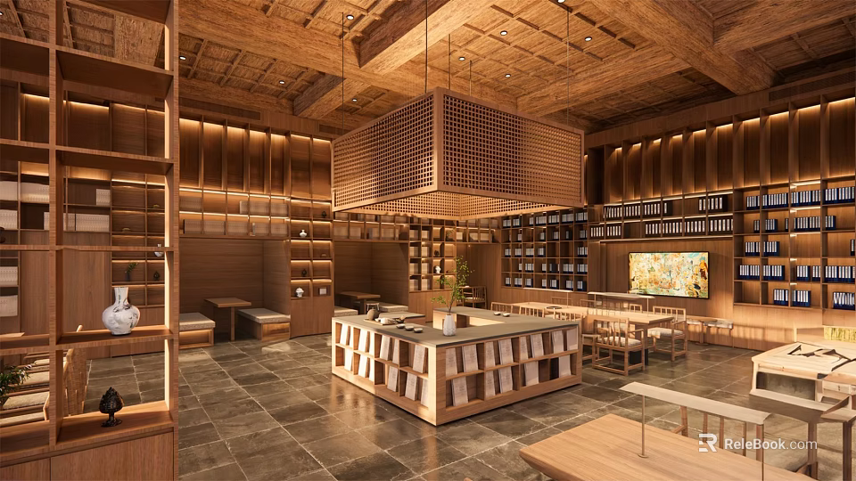 Traditional Wooden Interior Space With Display Shelves And Central Island 3d model 