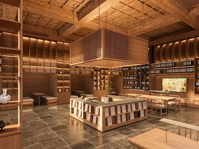 Traditional Wooden Interior Space With Display Shelves And Central Island 3d model