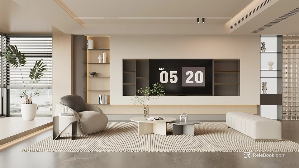 Modern Living Room Interior Design With TV Wall Shelves Armchair Coffee Tables Plants And Rug 3d model 