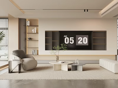 Modern Living Room Interior Design With TV Wall Shelves Armchair Coffee Tables Plants And Rug 3d model