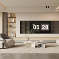 Modern Living Room Interior Design With TV Wall Shelves Armchair Coffee Tables Plants And Rug