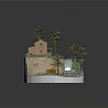 Cartoon Scenic Diorama With Log Cabin Pine Trees Hillside Stream And Stone Steps