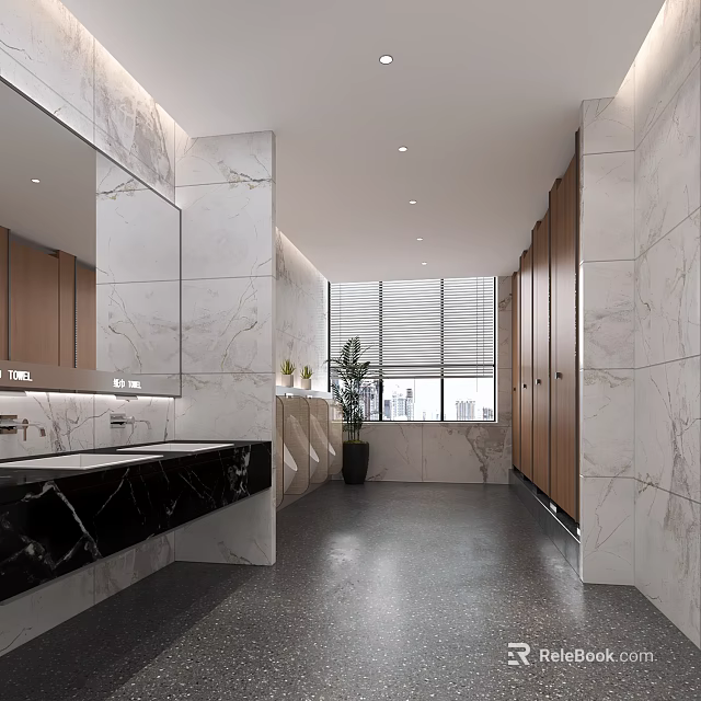 Public Restroom With Modern Design Marble Walls Wooden Stalls Large Mirrors And Washbasins 3d model 