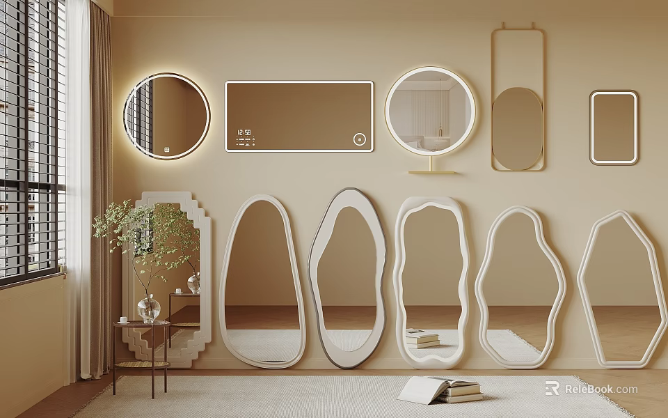 Decorative Various Shaped Wall Mirrors With Illuminated Design For Modern Living Interior 3d model 