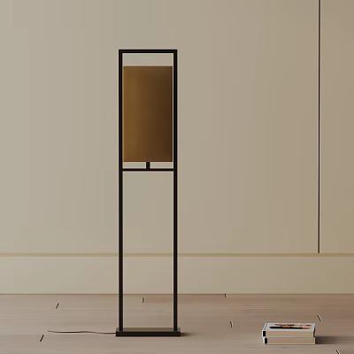 Modern Minimalist Floor Lamp With Brown Fabric Shade And Black Metal Frame 3d model
