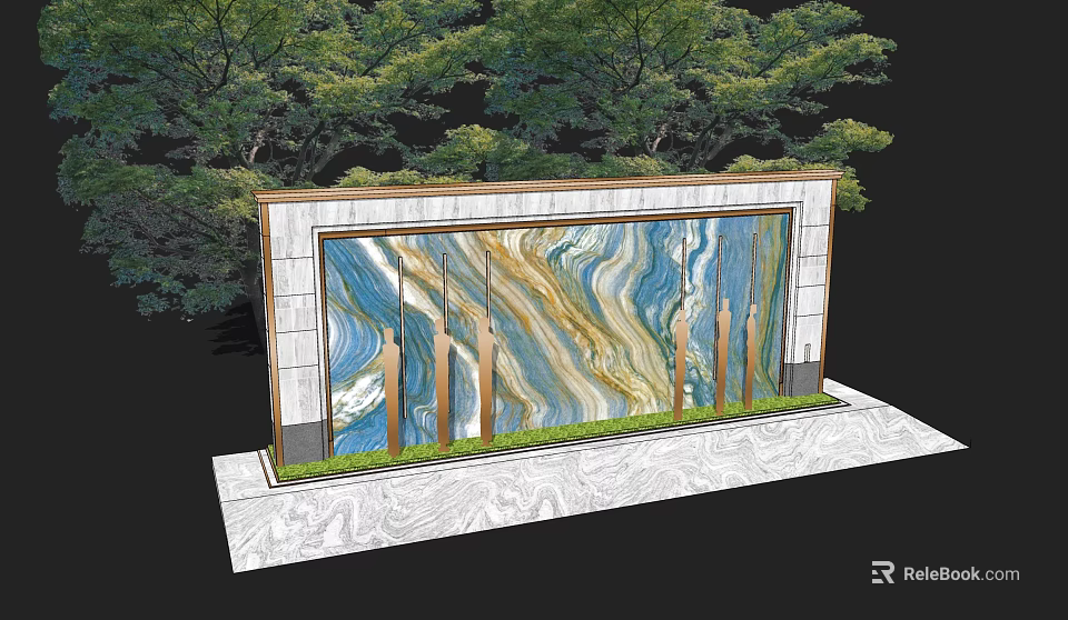 Textured Landscape Feature Wall With Blue Gold Brown Wave Design Green Grass And Trees 3d model 
