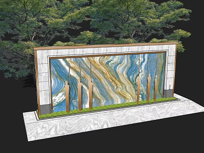 Textured Landscape Feature Wall With Blue Gold Brown Wave Design Green Grass And Trees 3d model