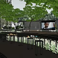 Modern Residential Landscape With Tall Buildings Green Trees Lawn Wooden Deck Outdoor Screen And Lighting