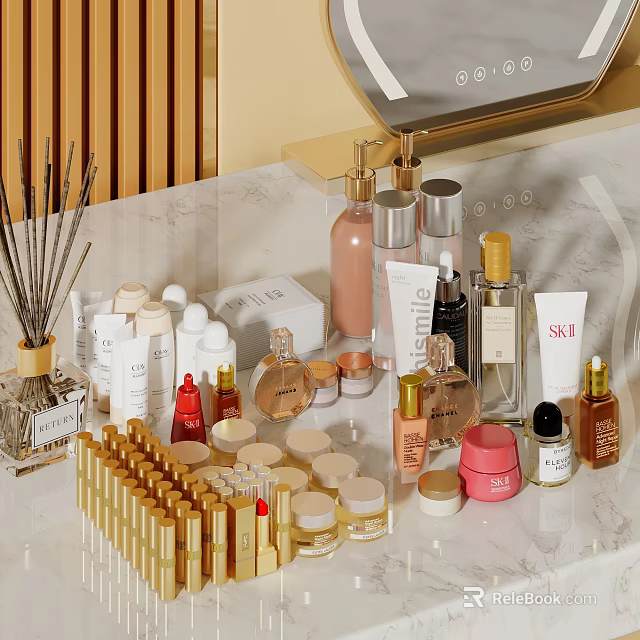 Elegant Luxury Perfumes and Cosmetics Display With Various Bottles Skincare And Makeup On Marble Countertop 3d model 