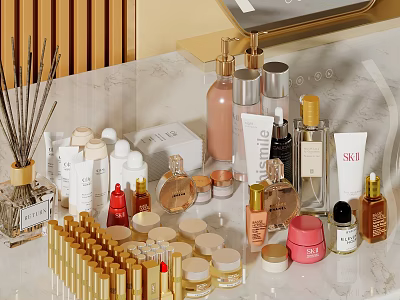Elegant Luxury Perfumes and Cosmetics Display With Various Bottles Skincare And Makeup On Marble Countertop 3d model