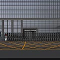 Modern Commercial Building Entrance With Folding Gate Glass Curtain Wall And Yellow Ground Markings