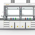 Modern Laboratory Fume Hood Setup With Chemical Bottles Faucet Drawers Cabinets and Warning Signs