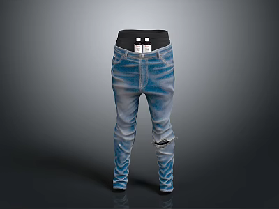 Fashionable Blue Jeans With Distressed Ripped Details Black Waistband And Visible Tags 3d model
