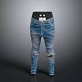 Fashionable Blue Jeans With Distressed Ripped Details Black Waistband And Visible Tags