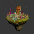 Cartoon Floating Island Scene With Colorful Flowers Green Plants And Purple Glowing Vines