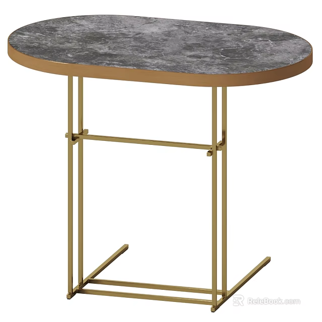Oval Modern Table With Gray Marble Top And Gold Metal Legs 3d model 