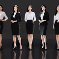Five Professional Women Wearing White Shirts Black Skirts And High Heels Standing Against Black Background