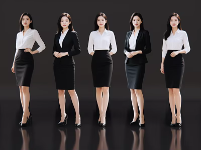 Five Professional Women Wearing White Shirts Black Skirts And High Heels Standing Against Black Background 3d model
