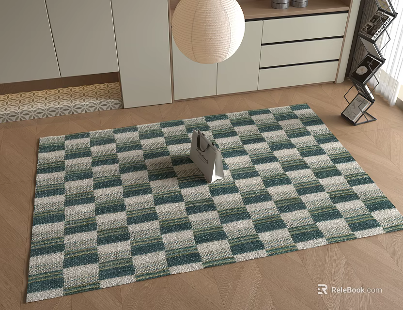 Square Rug With Blue White Green Checkered Pattern On Indoor Wooden Floor 3d model 