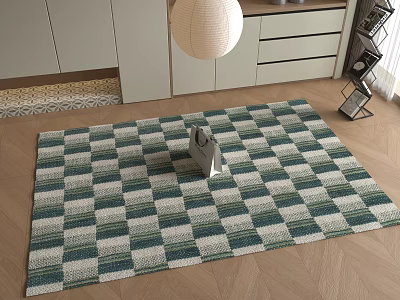 Square Rug With Blue White Green Checkered Pattern On Indoor Wooden Floor 3d model