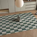 Square Rug With Blue White Green Checkered Pattern On Indoor Wooden Floor