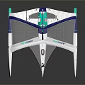 Modern Trimaran Sailboat Model With White Hulls Blue Accents And Tall Mast