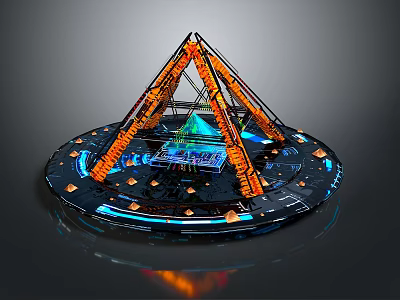 Cartoon Futuristic Scene Featuring Circular Platform with Orange Triangular Frame and Blue Lights 3d model