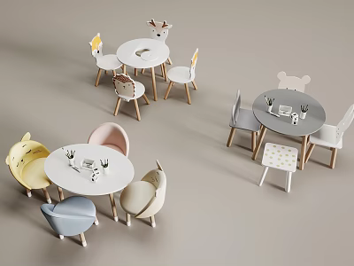 Playful Kids Table and Chairs Set with Round Top Animal Shaped Seats and Wooden Legs 3d model