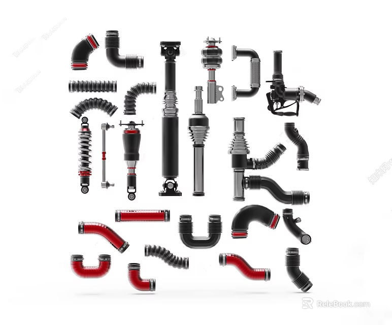 Assorted Pipe Fittings With Various Shapes Black Red Metal Connectors And Bends 3d model 