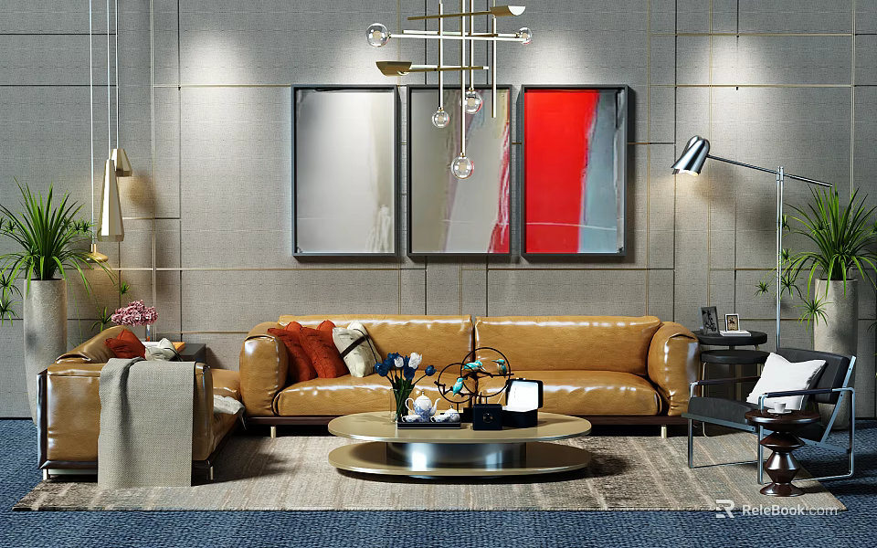 Elegant Brown Leather Sofa With Round Coffee Table And Wall Art Decorative Items 3d model