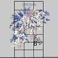 Floral Art Installation With Blue Pink White Flowers On Grid Frame Hanging Design And Greenery