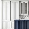 Elegant Modern Kitchen With Navy Blue Cabinets And Marble Countertops