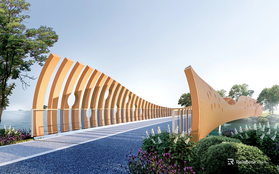 Orange Arched Wavy Landscape Bridge With Green Plants And Flowers Around 3d model 