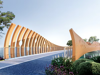 Orange Arched Wavy Landscape Bridge With Green Plants And Flowers Around 3d model