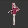 Game Movie Female Character With Pink Long Hair In Red Dress And High Heels Pose