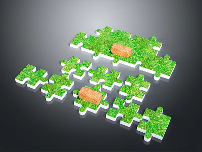 Green Puzzle Pieces With Grass And Orange Bricks On Dark Background 3d model