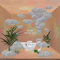 Commercial Luminous Bed Display With Orange Walls Cloud Shaped Decorations Plants White Table And Lamp