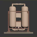 Industrial Equipment With Two Vertical Cylindrical Tanks Supported By Red Metal Frame On Platform Base