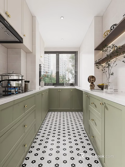Modern Kitchen Interior With Green Cabinets White Countertops And Black White Floor Tiles 3d model 