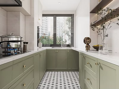 Modern Kitchen Interior With Green Cabinets White Countertops And Black White Floor Tiles 3d model