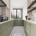 Modern Kitchen Interior With Green Cabinets White Countertops And Black White Floor Tiles